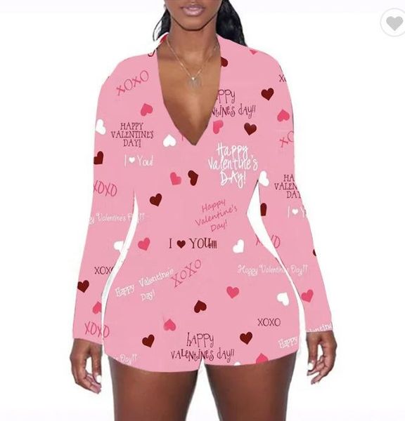 

women's jumpsuits & rompers 2021 valentine's day kinds of print women jumpsuit v neck long sleeve shorts romper sleepwear playsuit, Black;white