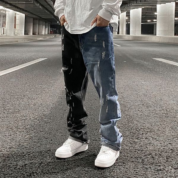 

2021 new bloco cor buraco lavado jeans de rua alta para homem em linha reta retro desgastado casual denim calas harajuku baggy oversize wlvw, Blue