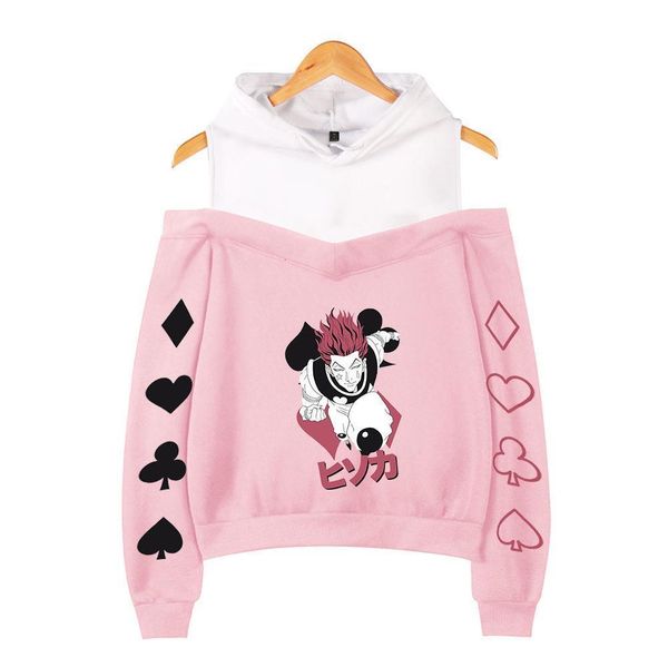

japan anime hunter x hunter hisoka women hoodie sweatshirt streetwear hip hop long sleeve off shoulder fleece hooded jacket, Black