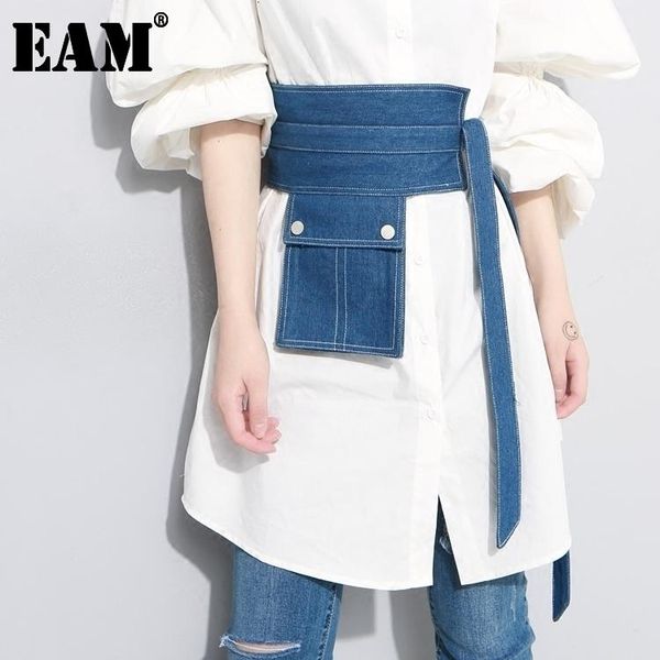 

belts [eam] 2021 summer pocket split joint button irregular blue denim long wide belt women fashion tide all-match jf134, Black;brown