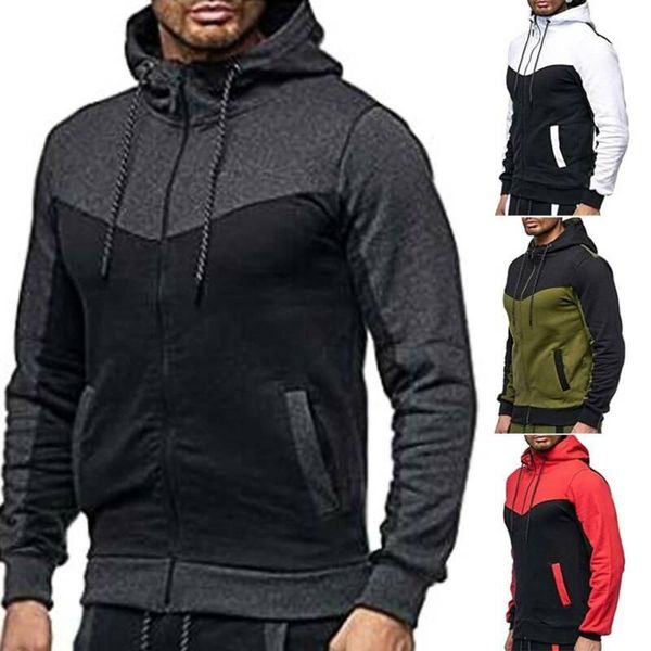 

men's jackets patchwork full zip mens hoodies jacket sport male drawstring hooded coat men fashion, Black;brown