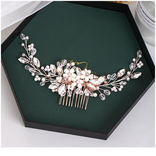 

fashion rose gold wedding hair comb flower tiara handmade pearl rhinestone headdress prom bridal hair jewelr acc jllhir