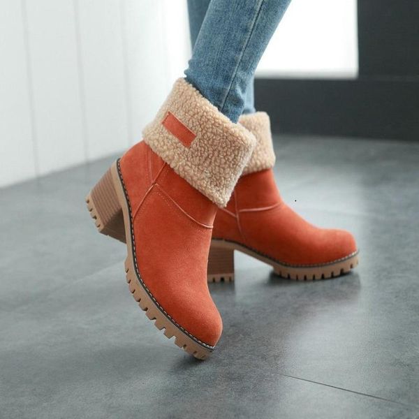 

boots winter snow fur warm ladies square heel platform shoes slip-on fashion to-wear ankle boot plus size zapatos de mujer, Black