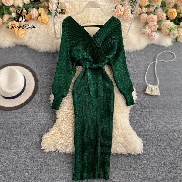

women shiny knitted dress v neck puff sleeve elastic sheath knitting dress autumn solid bow sashes pencil dress, Black;gray