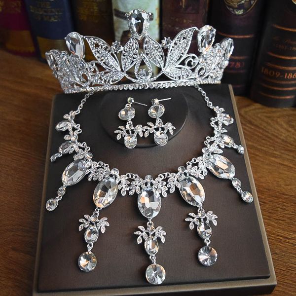 

wedding party dress accessories bridal headpieces crown necklace earrings set water drop design diamonds fashion jewelry pgraphy headwear wo, Silver