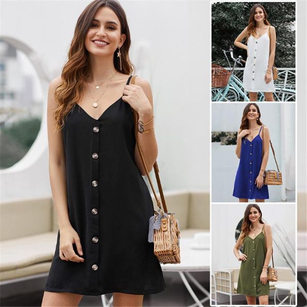 

cisne 2021 v-neck single-breasted sleeveless vest suspenders knee-length dress women summer1, Black;gray