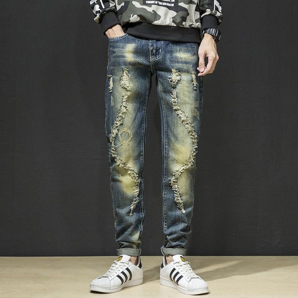 

men's jeans hip-hop slim-fit 2021 spring and autumn fashionable distressed stretch denim trousers large size 28-40, Blue