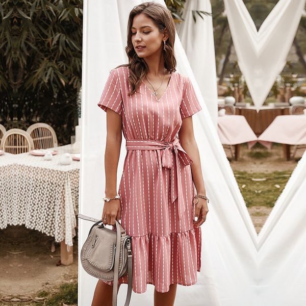 

summer elegant ladies short sleeve striped women 2021 new v-neck ruffles high waist lace up knee-length ur87, Black;gray