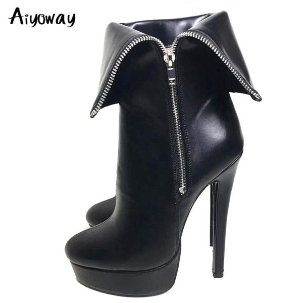 

boots aiyoway elegant ankle round toe high thin heels platform zipper women shoes booties black pu leather us size 5-13
