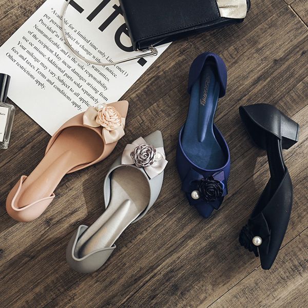 

woman pumps high heels women jelly shoes flower designer 2020 summer new brown indoor pointed set foot office women shoes, Black