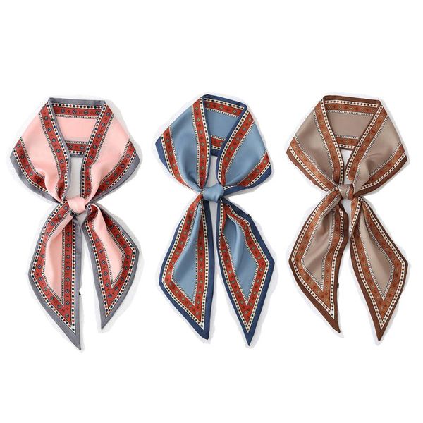 

scarves 2 pcs vintage silk-like neck scarf for women 15*150cm long neckerchief printed twill ribbon, Blue;gray