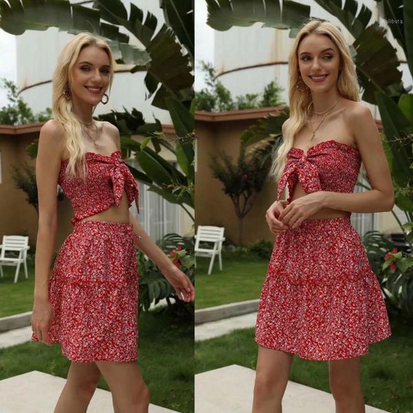 

women's tanks & camis summer retro holiday wind print side-opening sling and high-waisted skirt dress setdltz066, White