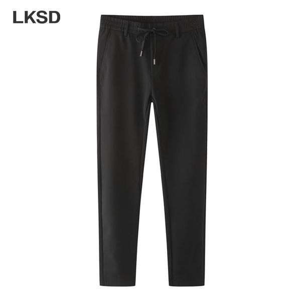 

men's pants lksd minimalism casual for men autumn winter elastic waist solid long streetwear straight trousers u141900200, Black