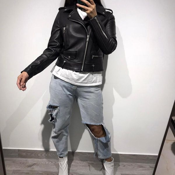 

women's leather & faux women rivet genuine jacket ladies real, Black