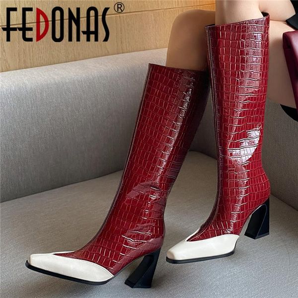 

boots fedonas genuine leather women knee-high fashion arrival hoof heels autumn winter party casual square toe shoes woman, Black
