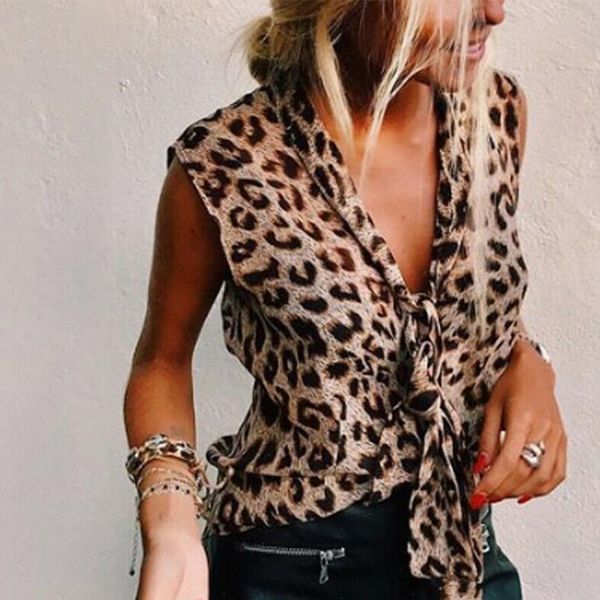 

2021 leopard print tie front camis blouse summer fashion sleeveless tee womens shirt tank vest female blusas, White