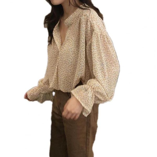 

women's blouses & shirts women summer shirt long puff sleeve v neck fashion floral print soft chiffon loose casual daily life blouse, White