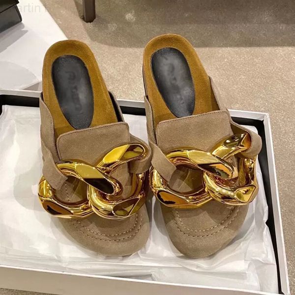 

designer jw slippers loafer chunky golden chains women chain backless leather cork midsole ladies luxury mule sandal anchor, Black