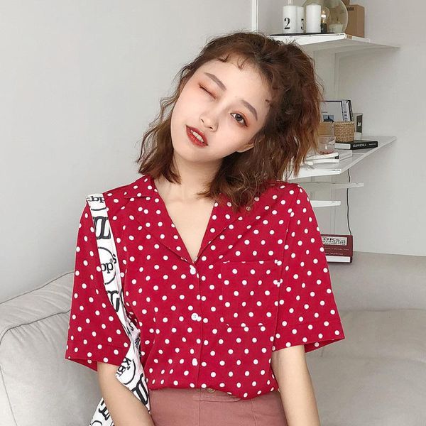 

fashion women shirt v-neck korean style polka dot harajuku women clothes 2021 new, White
