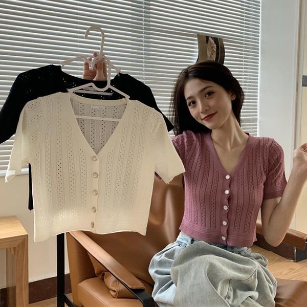 

women's knits & tees ljsxls summer v-neck hollow out thin sweater solid sweet single breasted sweter mujer knitting short sleeve femme, White