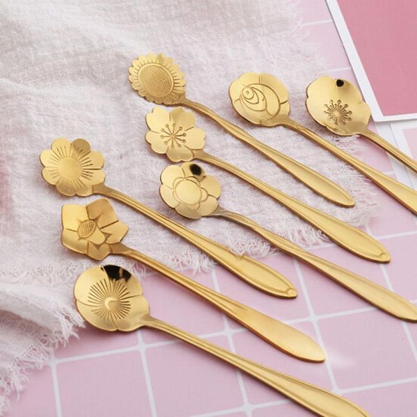 

spoons vintage gold flower coffee tea spoon stainless steel fancy sugar dessert teaspoon bar cafe home kitchen tableware
