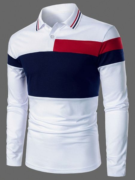 

men colorblock striped trim polo shirt f7s7#, White;black