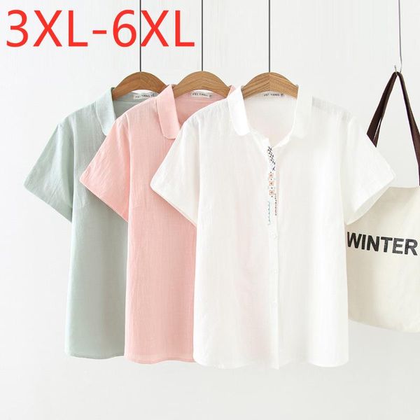 

women's blouses & shirts 2021 ladies summer plus size for women large blouse short sleeve loose casual white pink cotton shirt 3xl 4xl