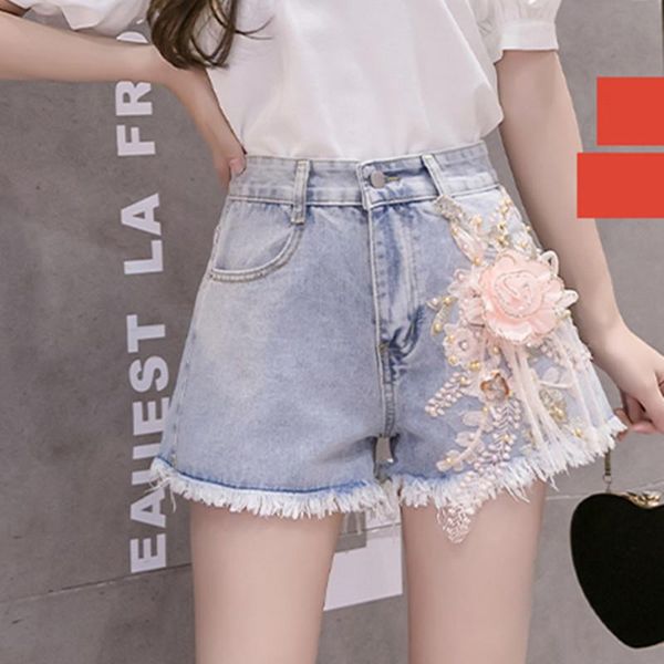 

women's shorts summer women elastic high waist jeans girls embroidery beaded holes tassel flowers vintage denim short pants, White;black