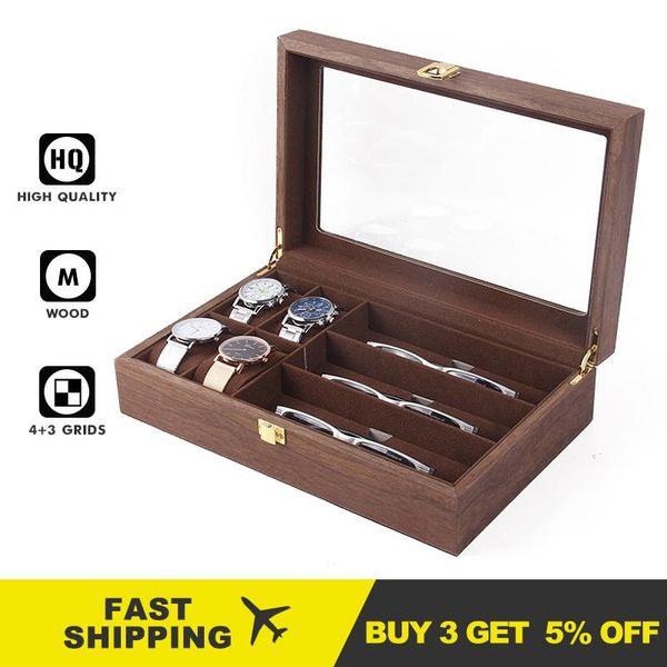

watch boxes & cases 4+3 slots retro wooden display box transparent skylight glasses storage with flannel pillows drop fj9011, Black;blue