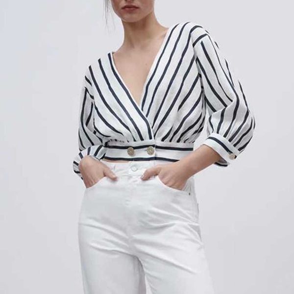 

za shirt summer fashion striped v-neck chic women shirt casual street youth women's 210601, White
