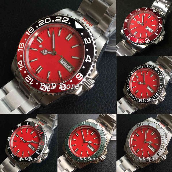 

new 40mm japan nh36a clock sterile brightlighter red scoreboard sapphire crystal date week brightless belt fashion gentlemen, Slivery;brown