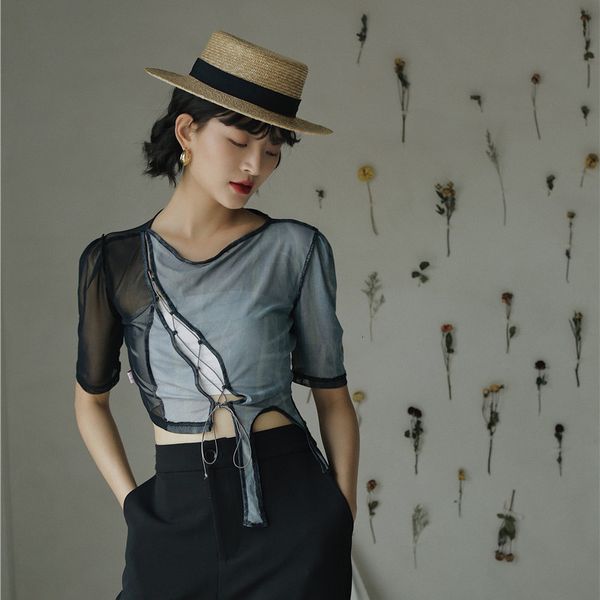 

2021 new mesh crop designer tshirt women bandage t asymmetrical summer short sleeve print tee shirt fashion c2ae, White