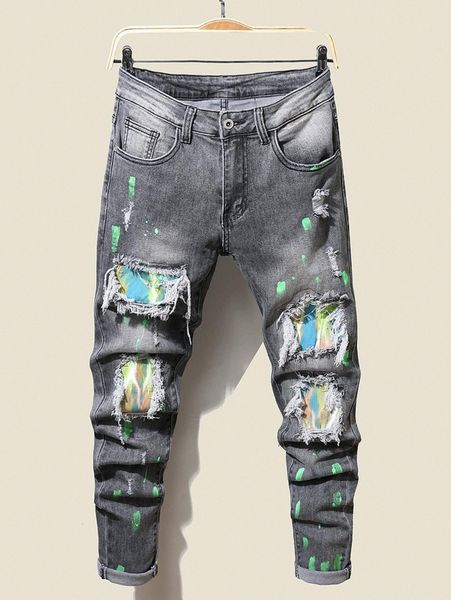

men splash ink print ripped jeans n8ud#, Blue