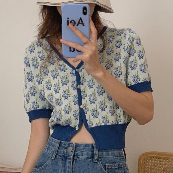 

women's knits & tees korean chic summer retro lazy style v-neck hit color printing trim single-breasted short-sleeved knit cardigan top, White