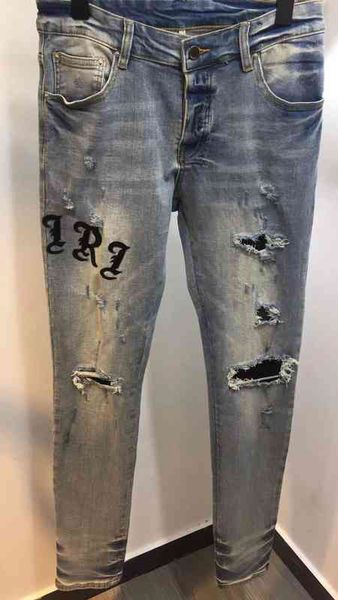 

men's jeans mens luxurys designer embroidery vintage letter patchwork pants classic applique fashion holes motorcycle biker slim skinny, Blue