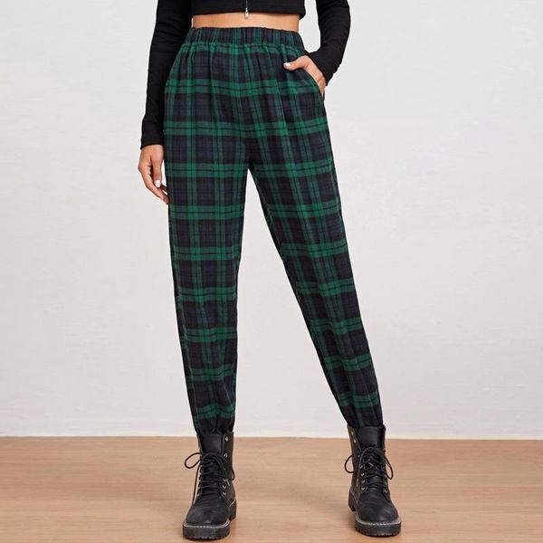 

women's pants & capris green plaid harem loose casual harajuku pencil trousers high waist black autumn baggy pantalones bottom for wome, Black;white