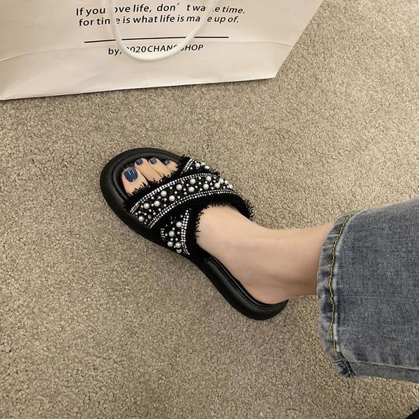 

slippers pearl rhinestone women summer wear fashion sandals beach 2021 ladies ins tide shoes woman, Black