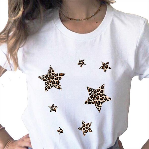 

leopard star cute print men t shirt and women aesthetic harajuku ulzzang female tee clothes 90s summer graphic top, White;black
