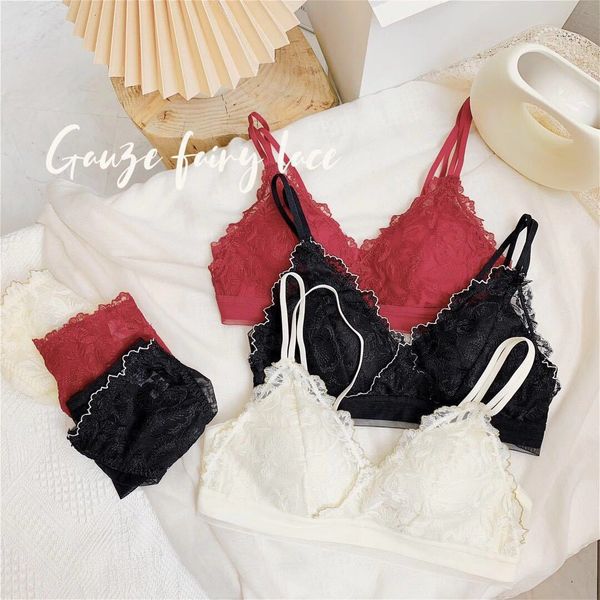 

bras sets 948 soft fairy transparent lace fabric light french triangle cup no mark steel ring bra suit, Red;black