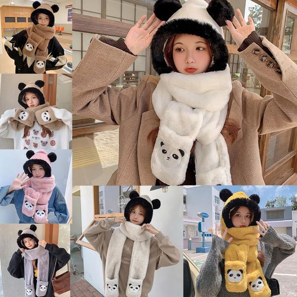 

beanies plush hat scarf gloves one-piece winter set for women panda