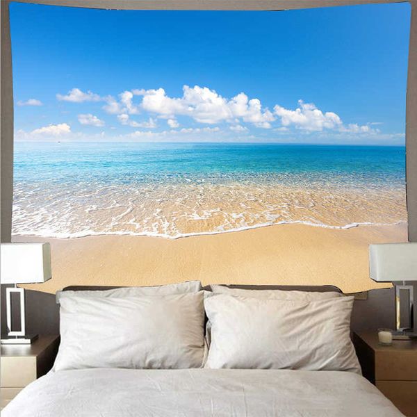 Schönes Meer, Strand, blauer Himmel, Landschaft, Wandteppich, Polyester-Wandtuch, Kunst-Wandteppich, Hippie-Wandbehang, psychedelisches Strandtuch 210609