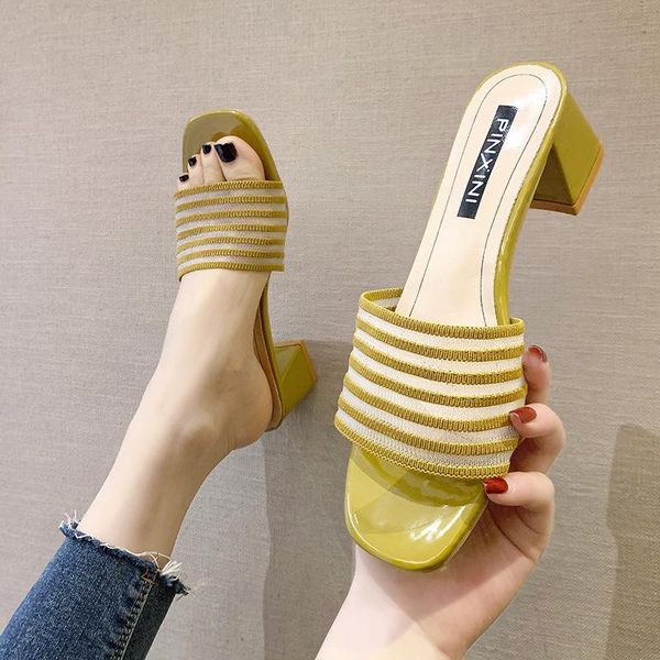 

slippers air mesh summer women shoes woman square high heels 2021 fashion breathable casual mules ladies slides, Black