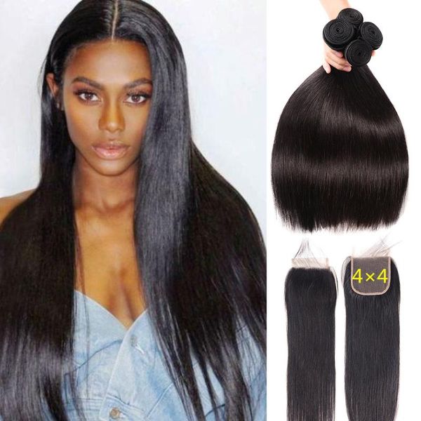 

human hair bulks mongolian weave 3/4 bundles with lace closure straight 100% part, Black