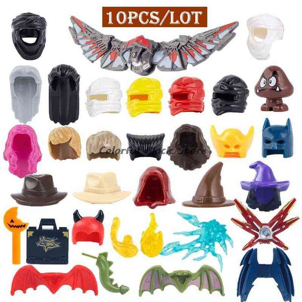 10 PZ/LOTTO Film Anime Action Building Blocks Cappelli Foulard Arma Capelli Ali Decorazione Giocattoli Accessori Bambini MOC Regali Y1130