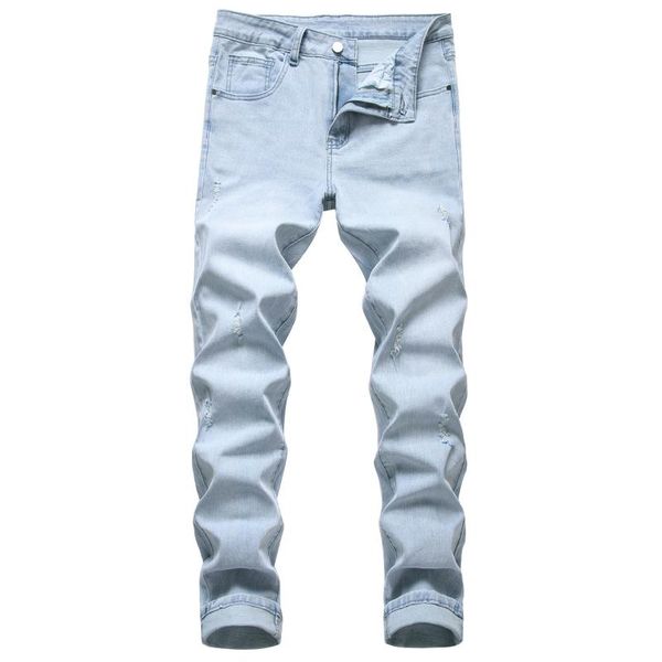 

men's jeans solid color work stretch ripped light denim trousers, Blue