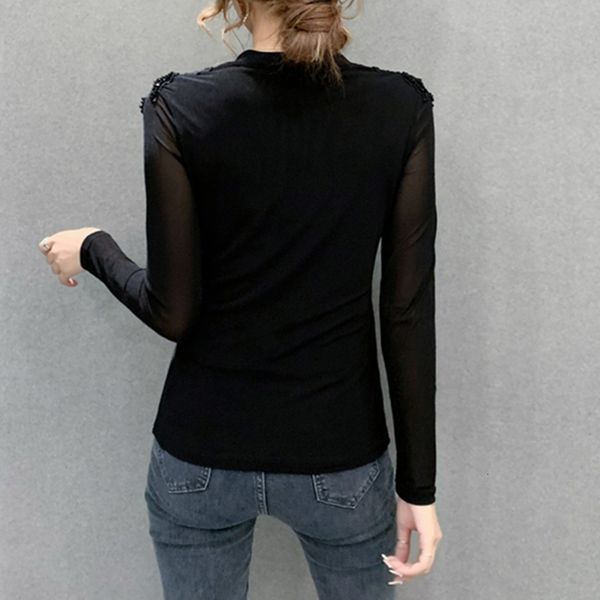 

2021 spring fall korean style t-shirt girl fashion v-neck hollow out beading spliced mesh women long sleeve new t0d604a otn9, White