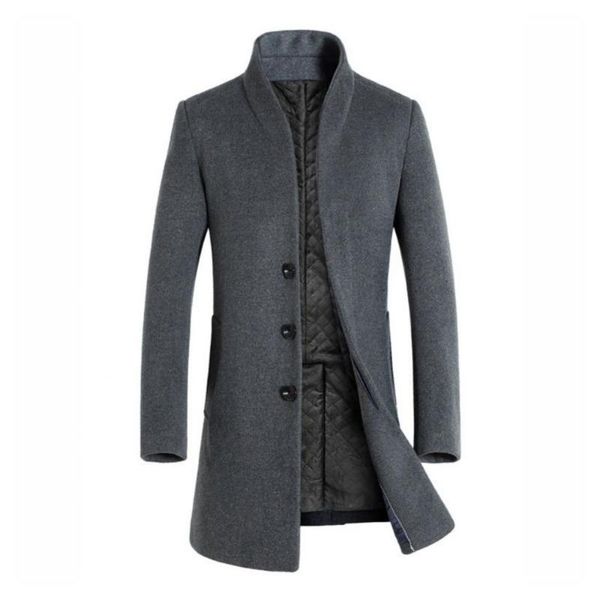 

men's wool & blends jacket winter solid color long sleeve woolen trench slim jackets outwear blazer, Black
