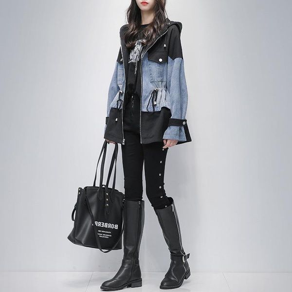 

women's jackets 2021windbreaker denim jacket mid-length autumn spring korean loose stitching hooded casual women jean coat, Black;brown