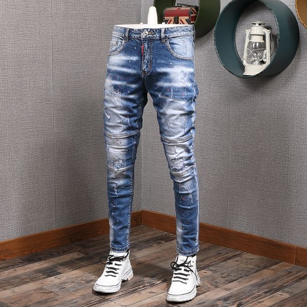 

2021 new italian style fashion men blue color elastic slim fit painting ripped jeans streetwear vintage designer denim pencil pants g5bh