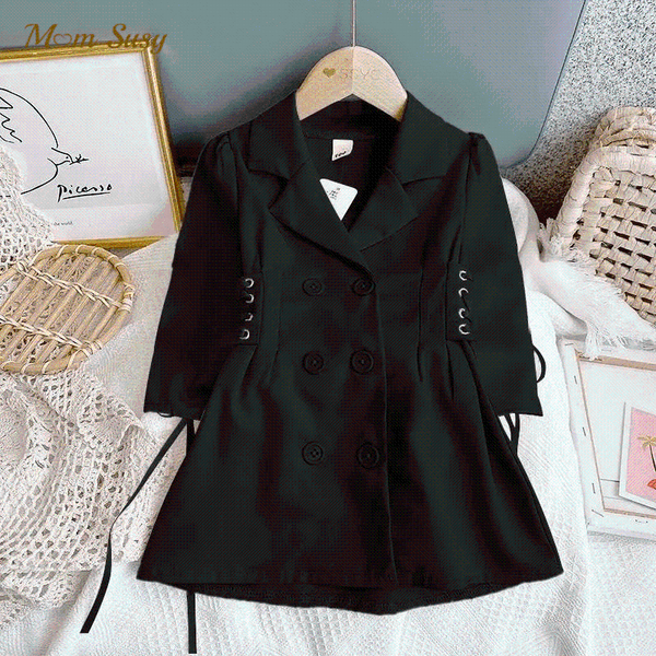 

jackets fashion baby girl suit jacket child waist lacing dress double breast button spring autumn coat kid outwear clothes 2-8y, Blue;gray